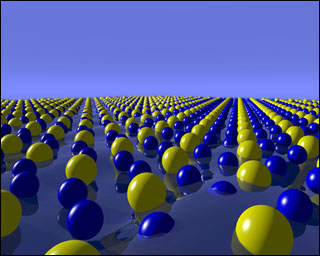 This image represents periodically ordered gold (yellow) and silicon (blue) atoms within the surface-frozen monolayer of liquid gold-silicon eutectic alloy. Research on this surface was conducted at both Brookhaven National Laboratory and Argonne National Laboratory.